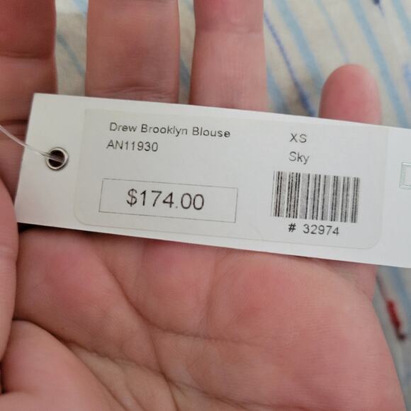 NEW XS DREW Brooklyn blouse, white with blue red stripes, bow sleeves, raw hems - Picture 6 of 6